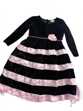 Ann Loren Girls Black Velvet Party Dress with Pink Satin Stripes Size 4/5T